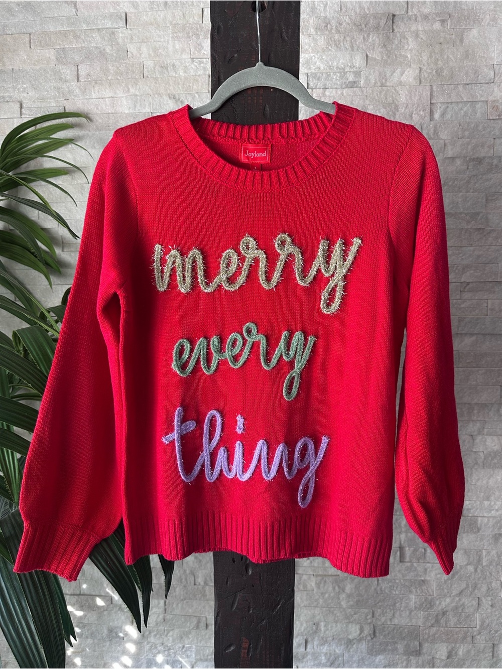 Joyland Red 'Merry Everything' Tinsel Script Sweater Size S New with Tags